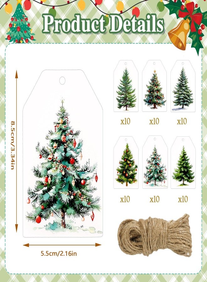 Konsait Christmas Tree Gift Tags, 60 Pack Watercolor Christmas Tree Tags with String, Winter Xmas Holiday Wrapping Accessories DIY Crafts - Image 2